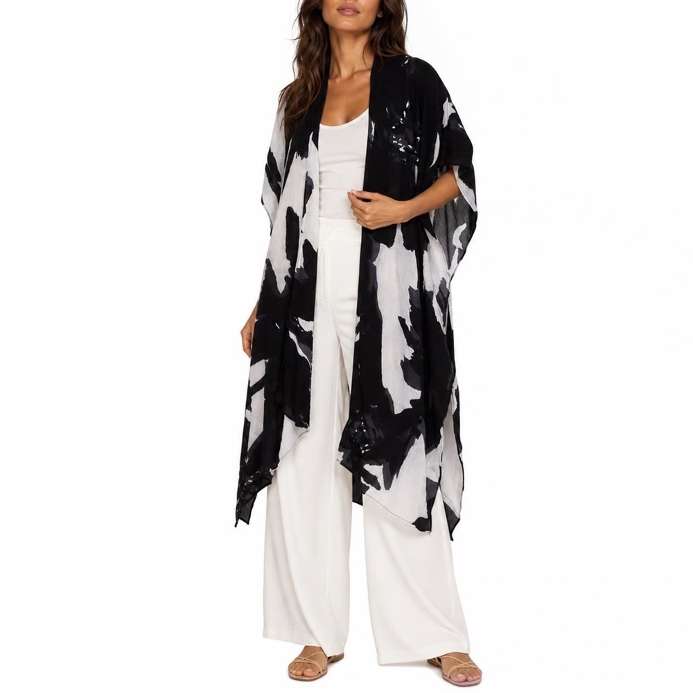 Modena Black White Abstract Floral Kimono Wrap Cover Up One Size
